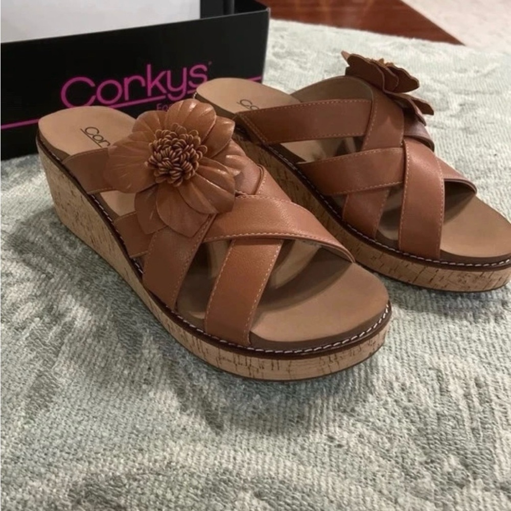 Corkys Brown Floral Cork Wedge Slide Sandals W 11. New in the box